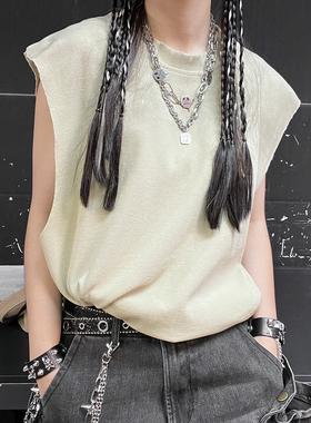 王有病工作室 深灰色华夫格背心砍袖T恤无袖纯色高级感男女情侣装