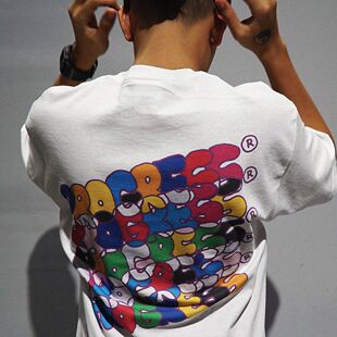 王有病工作室 美式高街彩色泡泡字母卡通趣味短袖白色基础款T恤