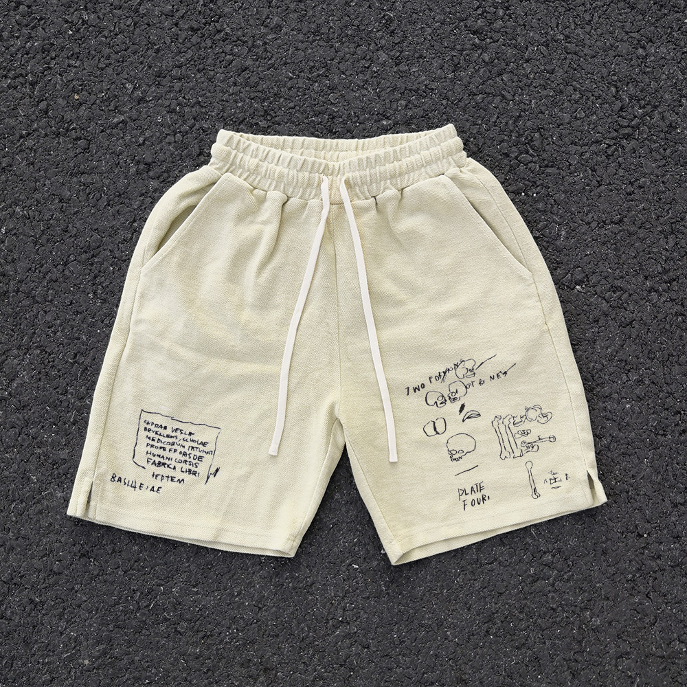 450克做旧抓毛  美式搞怪趣味骷髅图案高街运动款式阔腿短裤5分裤