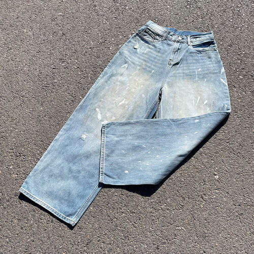 王有病工作室 只做心头好物！重工水洗喷溅小众设计感阔腿牛仔裤