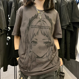 T恤 动漫字母线稿铁灰色复古高级感短袖 王有病工作室 260G重磅