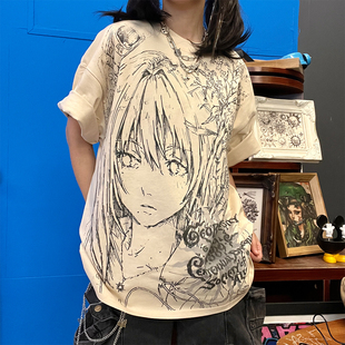 王有病工作室 满身动漫线稿短袖 t恤男女宽松韩版 慵懒风 260G重磅