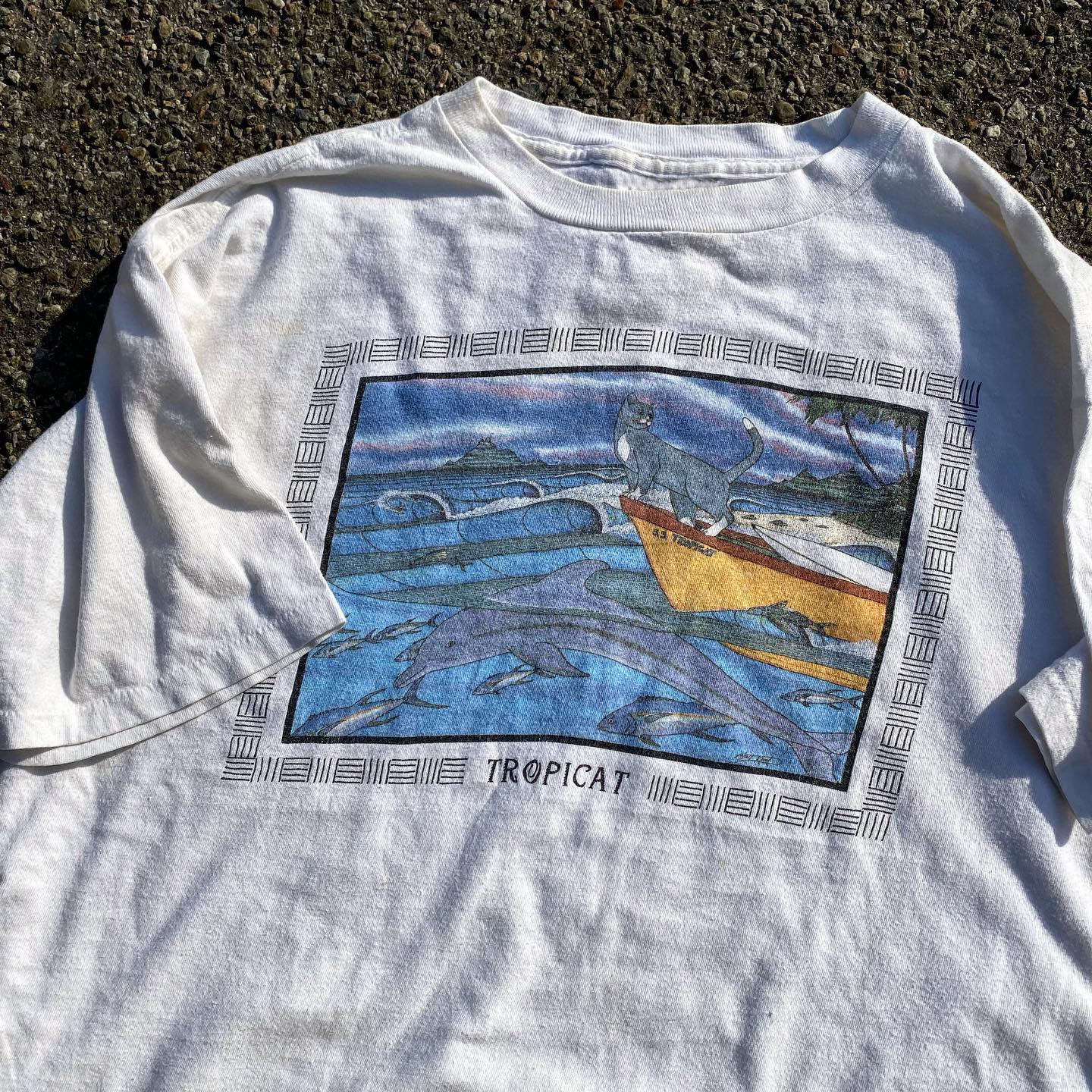 王有病工作室 热带海岛风猫咪高级感T恤复古趣味动物主题夏季短袖
