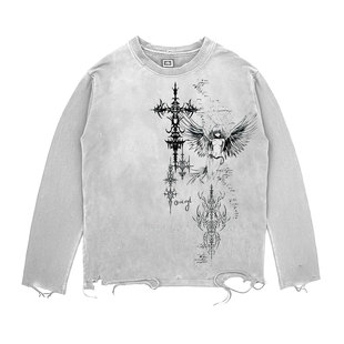 王有病工作室！亚文化慵懒风古着感上衣做旧水洗破坏长袖T恤男女