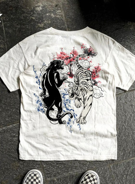 王有病工作室 西海岸水墨黑豹白虎纹身刺青设计感图腾短袖T恤夏季