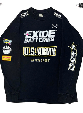 vintage美式复古慵懒风重磅黑色长袖T恤运动高级感赛车打底上衣