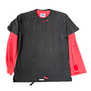 VINTAGE美式复古真两件高级感红黑配色长袖T恤做旧水洗破坏上衣