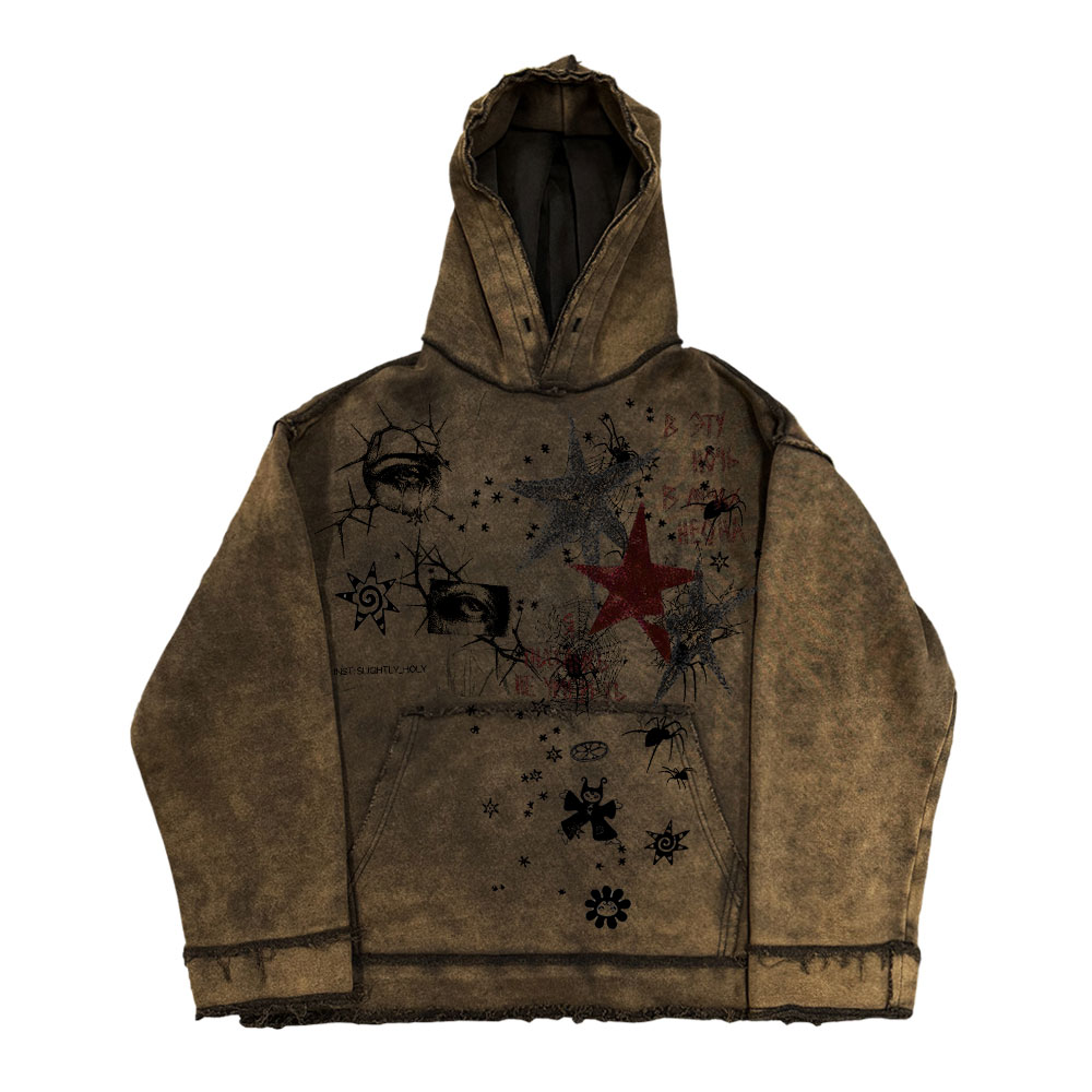 王有病工作室 复古水洗破洞做旧亚文化潮牌卫衣涂鸦上衣春秋男女