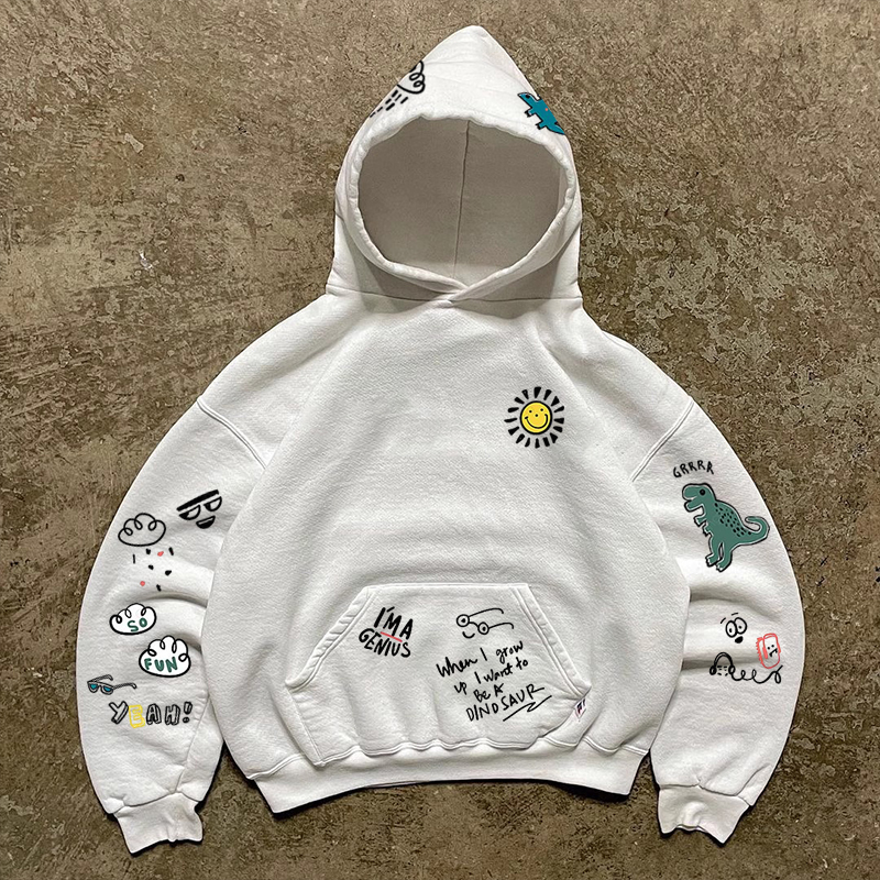 480G纯棉大毛圈 卡通美式复古卫衣秋冬款2023款学院拼接上衣