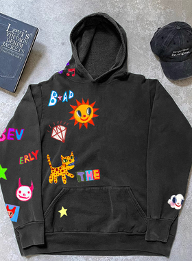 清仓款！卡通美式复古云朵太阳拼接学院风hoodie男女连帽卫衣学生