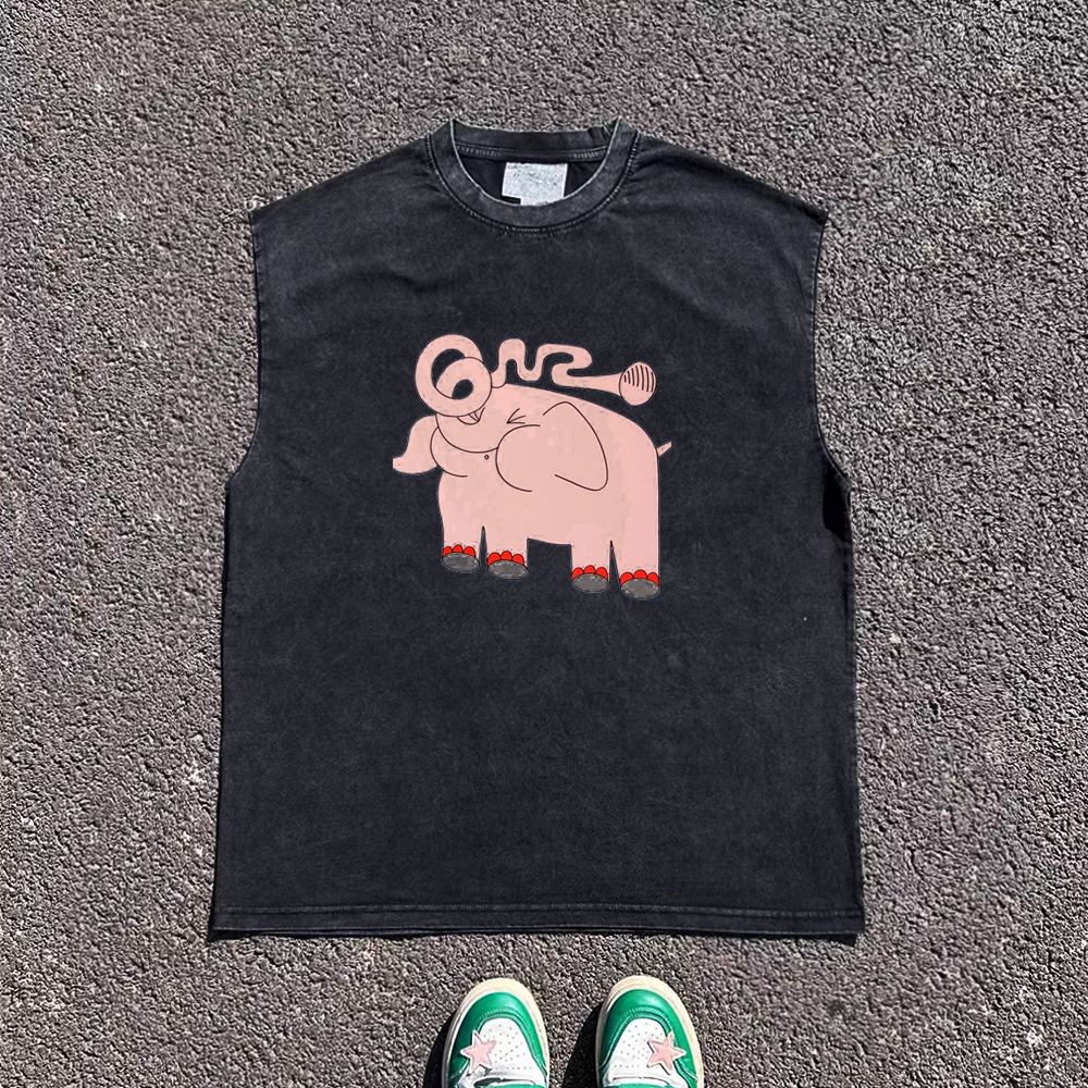 王有病工作室 240G重磅！卡通长鼻象宽松情侣装砍袖背心男女同款