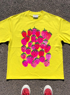 王有病工作室 220G 透气正肩版！红色草莓学院风短袖T恤情侣装