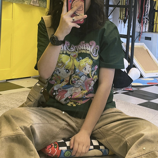 王有病工作室 260G重磅！撞色夏季墨绿色显白短袖T恤宽松男女款