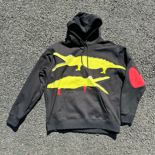 王有病工作室 美式高街黑色重磅卫衣纯手工缝制爱心鳄鱼连帽衫