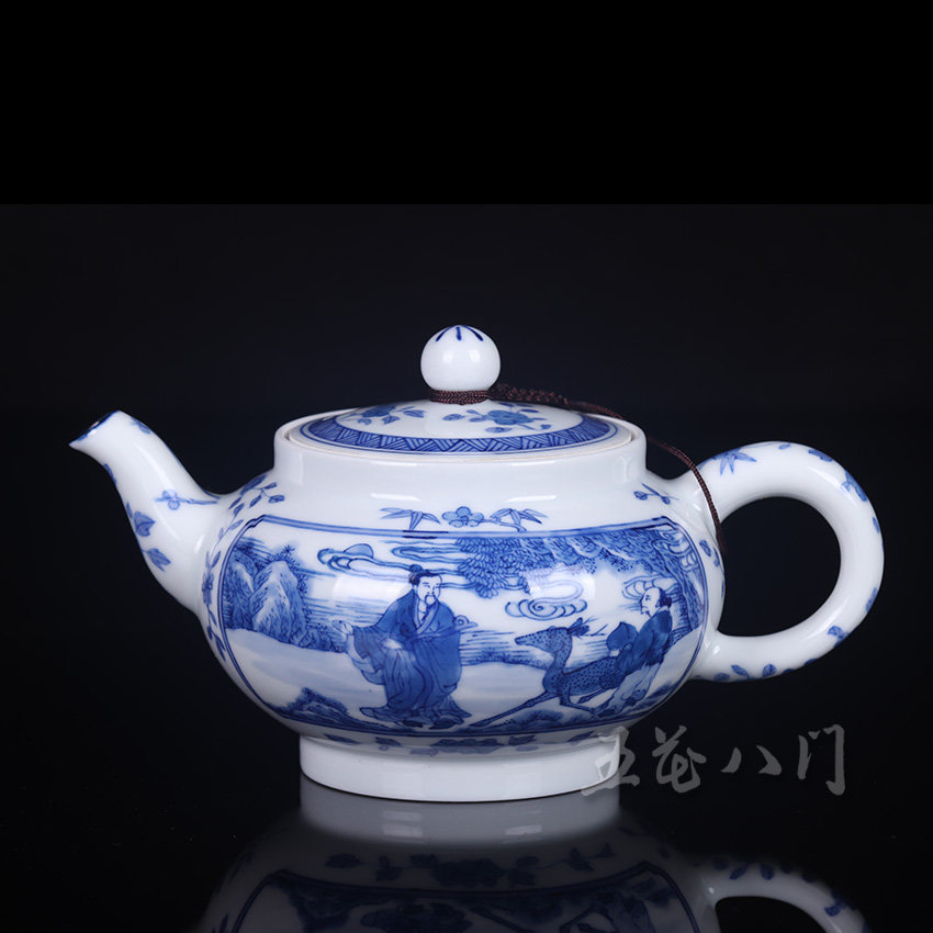 老贵和祥茶具 青花开窗富贵三友图平口壶 景德镇青花瓷老款贵和祥