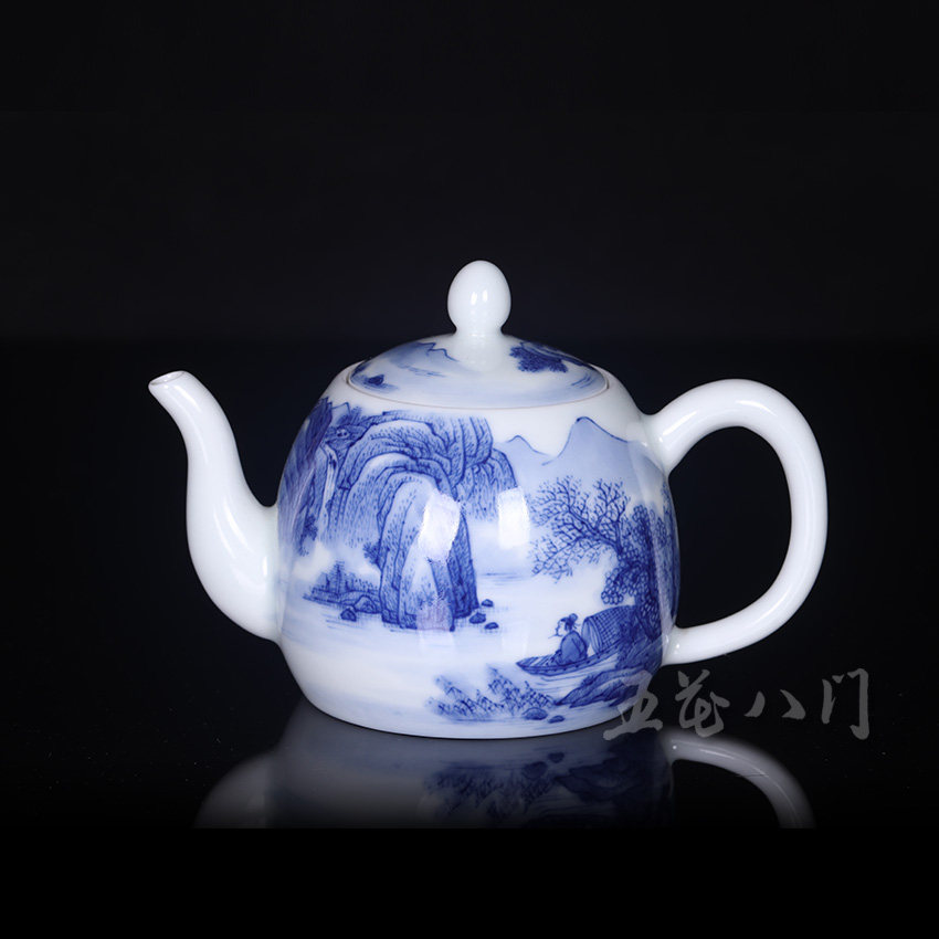老贵和祥茶具 青花山水鱼船三湾流小壶 景德镇老款贵和祥茶具