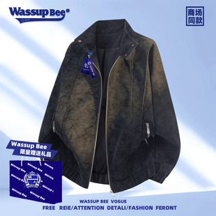 潮牌宽松加绒皮夹克大码 WASSUP 秋冬季 复古pu皮衣外套男士 BEE美式