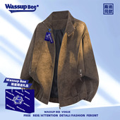 潮牌宽松加绒皮夹克大码 WASSUP 秋冬季 复古pu皮衣外套男士 BEE美式