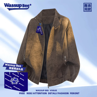 潮牌宽松加绒皮夹克大码 WASSUP 秋冬季 复古pu皮衣外套男士 BEE美式