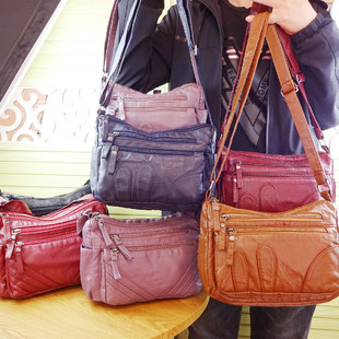 新款软皮包羊皮纹小包女式斜挎包中老年包包妈妈包轻便水洗皮女包