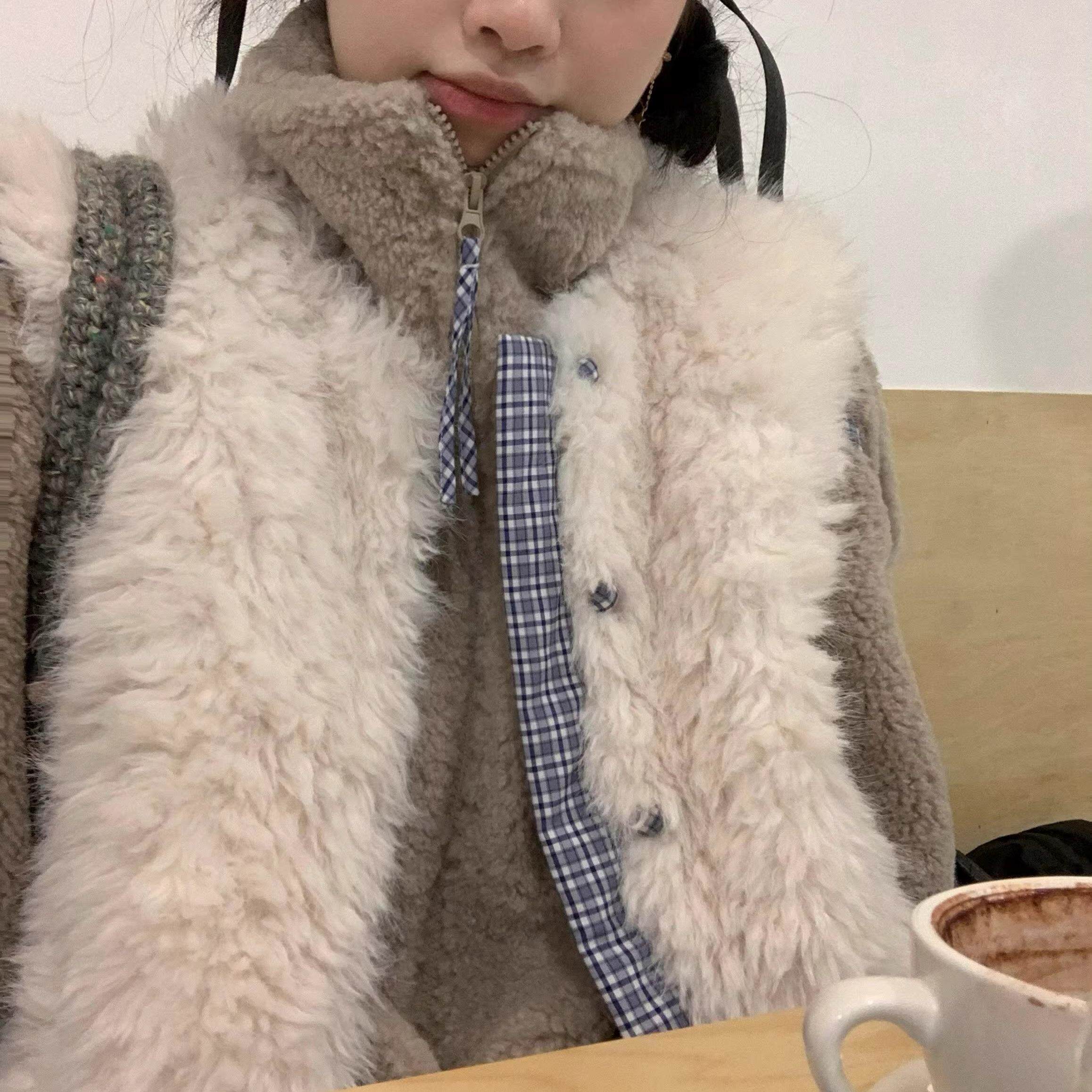 珍珠白拼色蓝格子秋冬仿环保朵朵羊羔毛绒无袖马甲背心女男