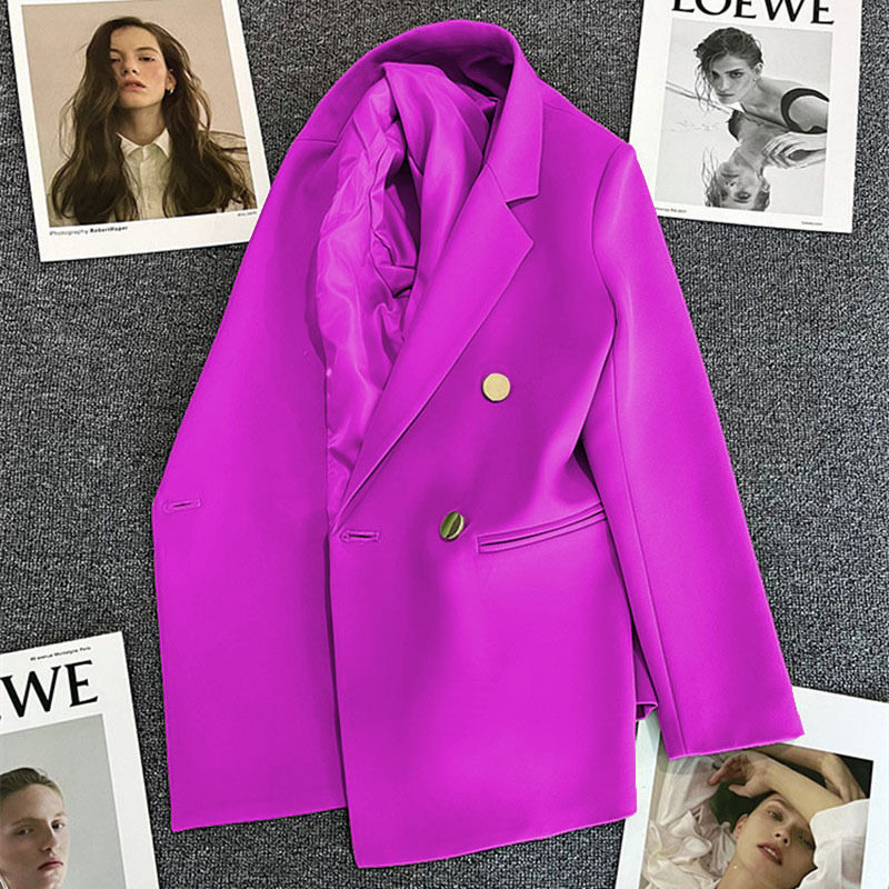 西装外套女春秋双排扣西服口袋气质显瘦网红炸街上衣潮女紫黑白灰