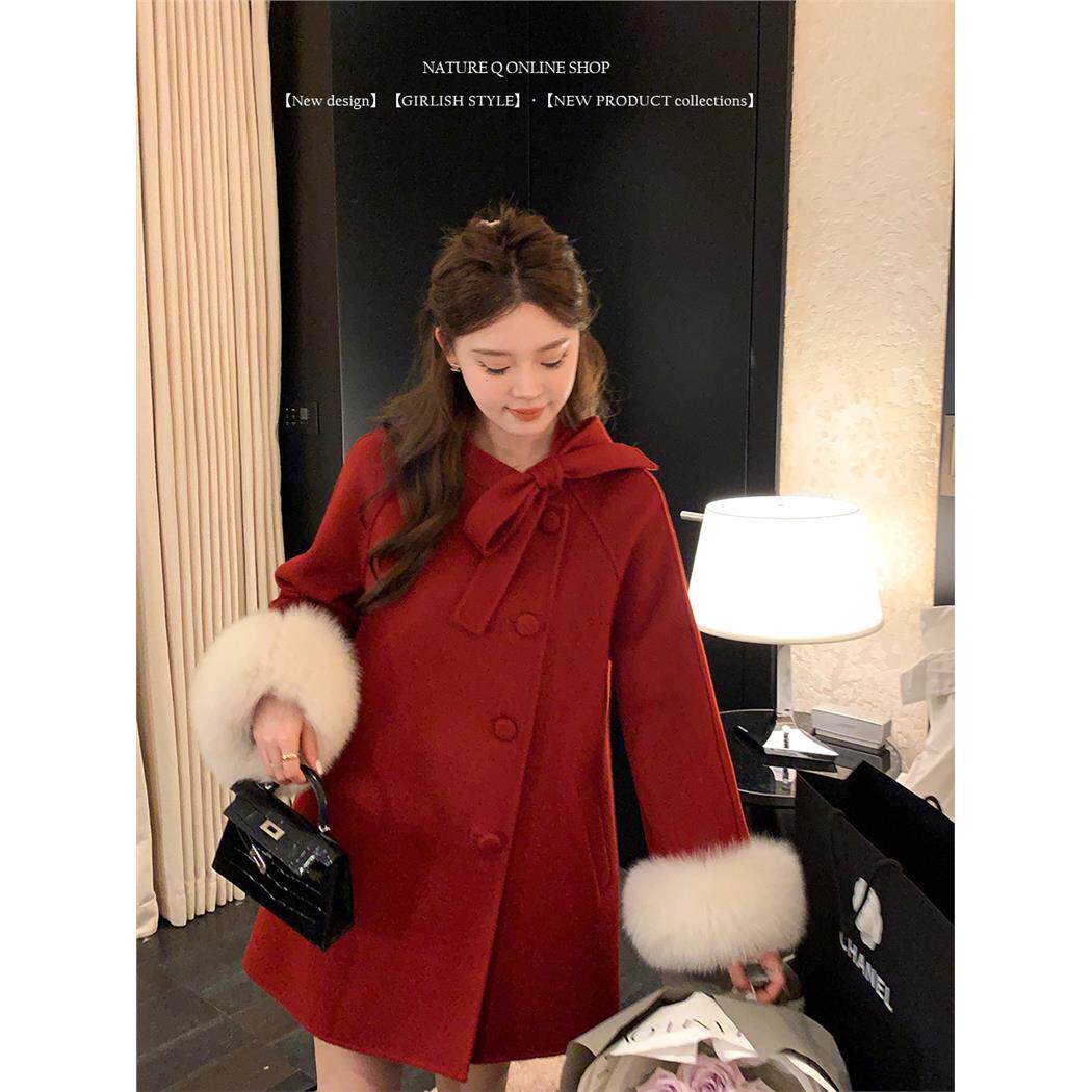 红色富家千金蝴蝶结双面羊绒大衣女中长款狐狸毛斗篷羊毛呢外套