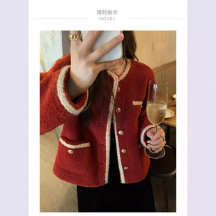 红色小香风羊羔毛绒外套女设计感小众上衣秋冬加绒加厚学生女