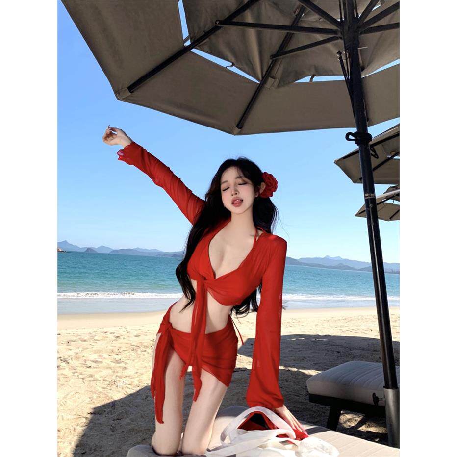 红色纯欲大红色显白性感比基尼四件套分体泳衣女长袖遮肉度假