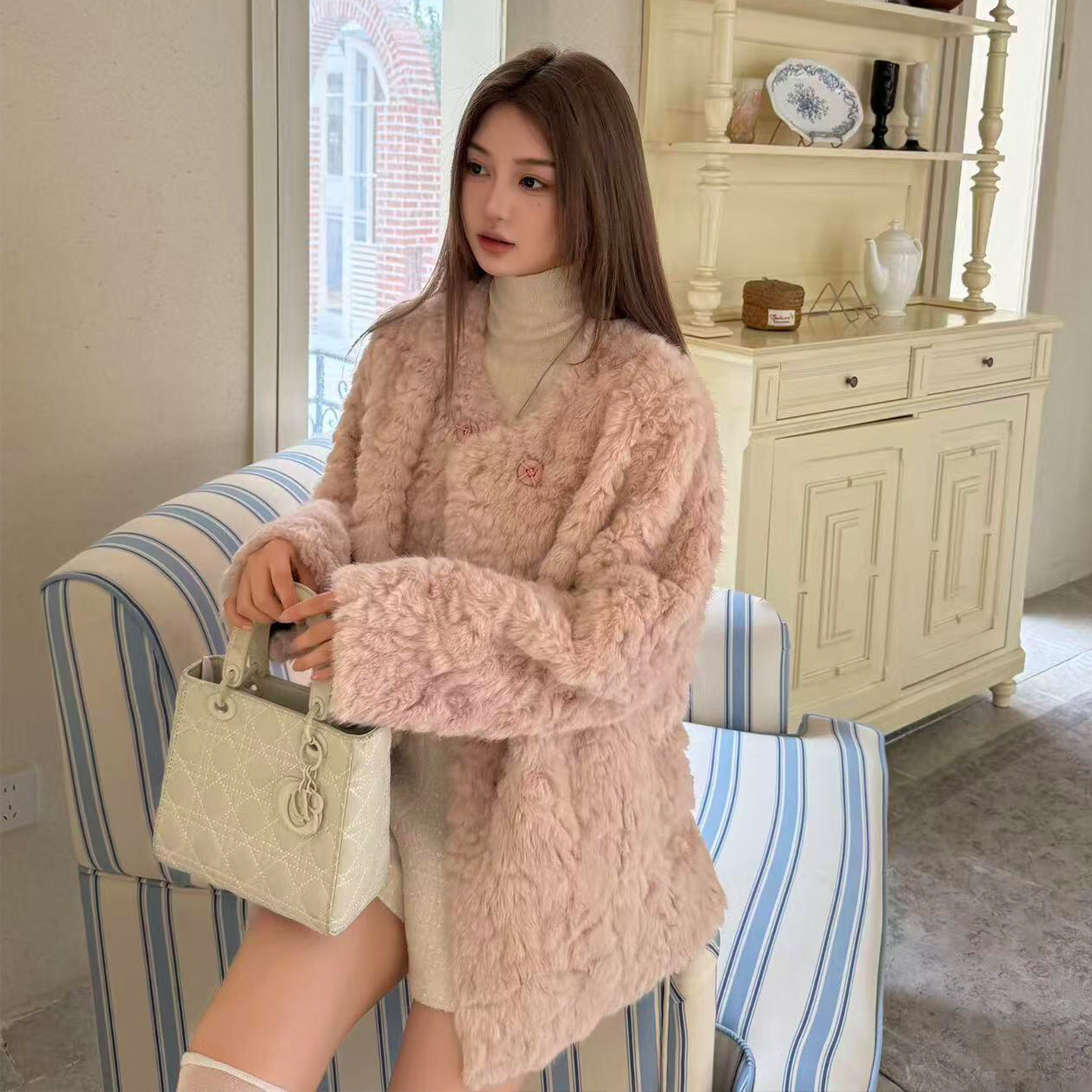 韩系羊羔毛外套女中长款