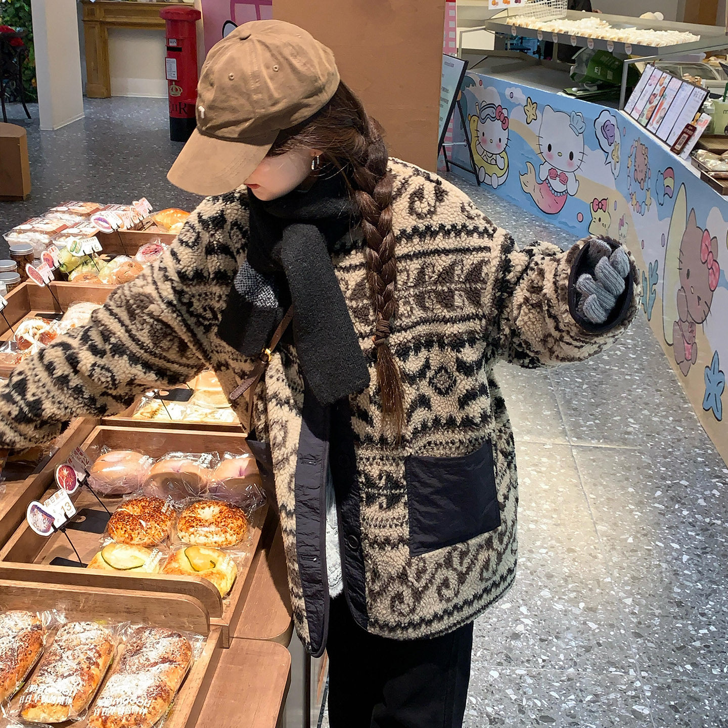复古印花羊羔毛外套女秋
