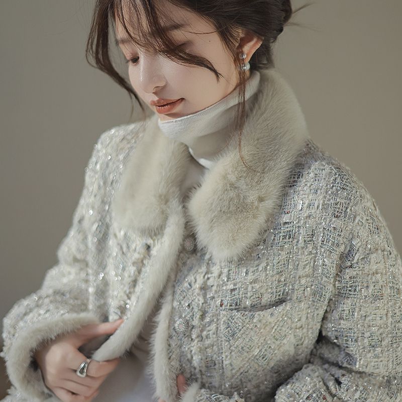 冬季仿水貂毛领小香风外套女羽绒棉棉服编织毛呢大衣显瘦