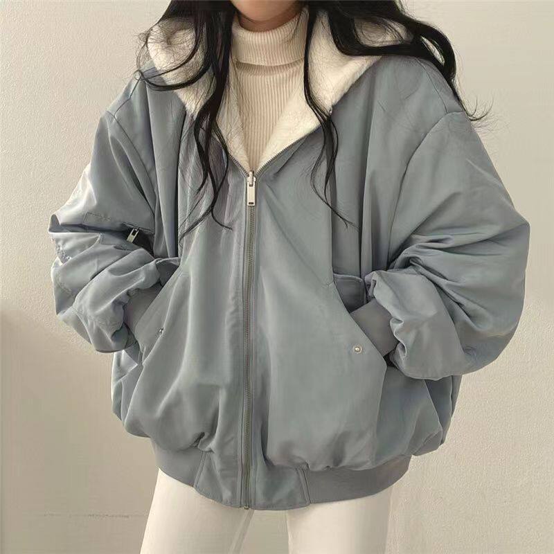 韩国加绒加厚两面穿羊羔毛棉服女装外套冬季拉链连帽棉衣上衣黑白