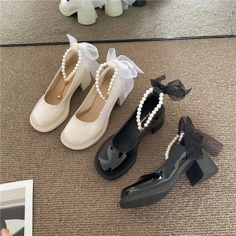 玛丽珍鞋女夏春复古珍珠丝带法式高跟鞋女仙女粗跟小皮鞋白色黑色