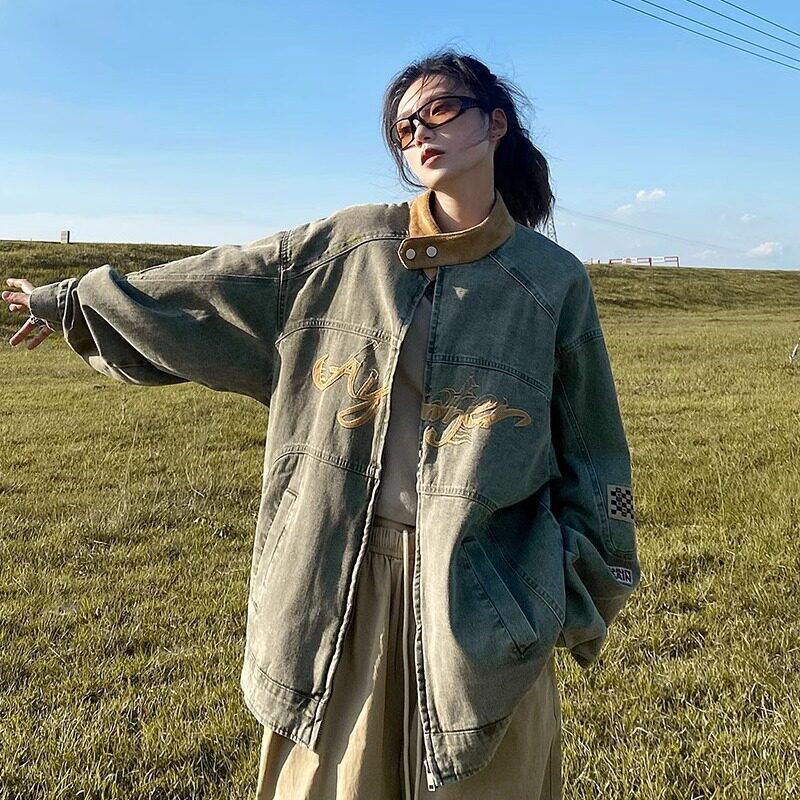 美式复古机车立领刺绣水洗牛仔夹克男女春秋国潮街头嘻哈上衣外套