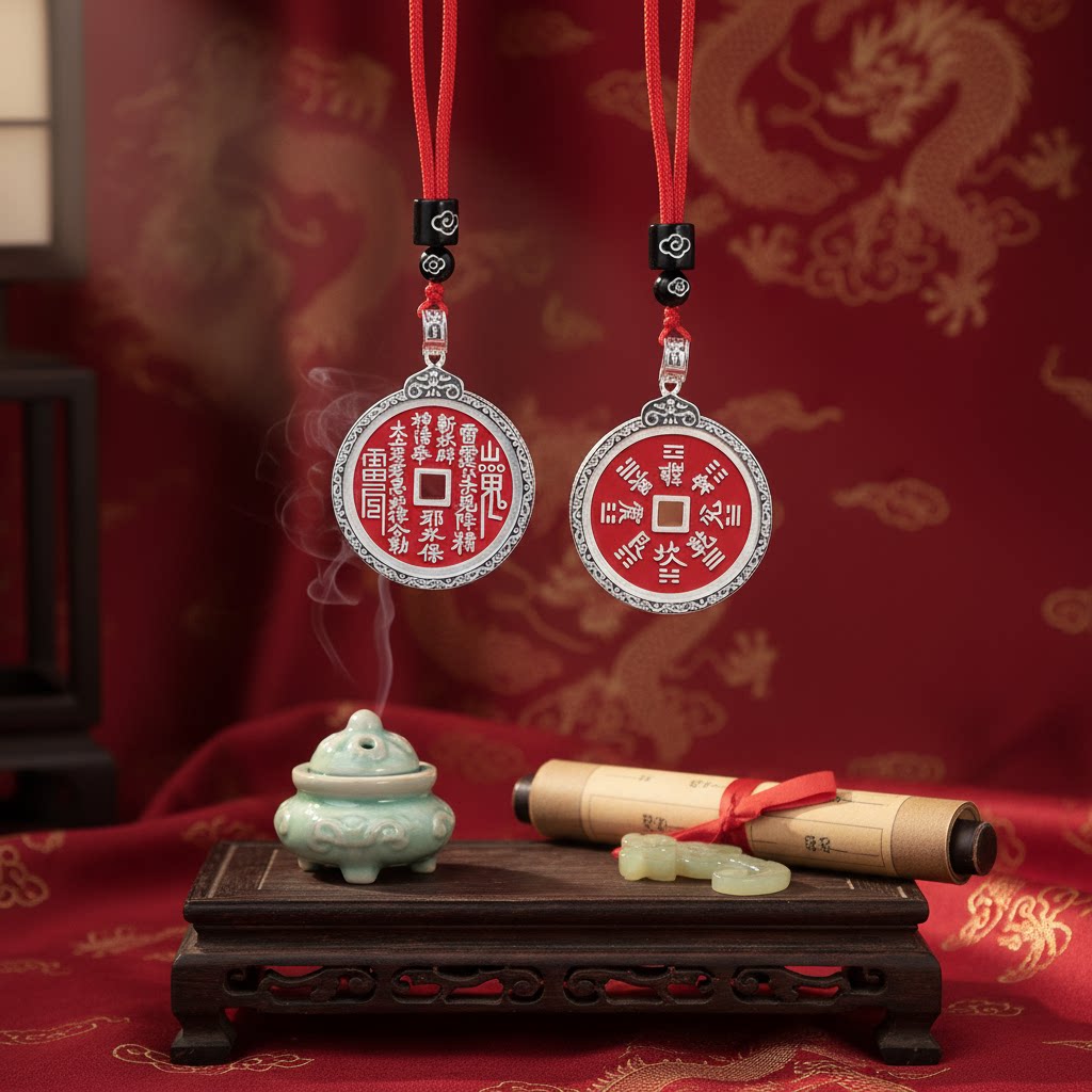 山鬼花钱吊坠镀银朱砂古钱币时尚流行项坠