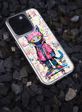 潮酷猫咪电镀玻璃黑框磨砂手机壳适用苹果iphone17promax华为小米17PROMAXVIVOX200PROMINIOPPORENO13华为PUR