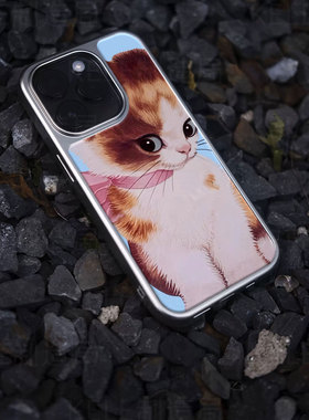 粉领萌猫电镀玻璃黑框磨砂手机壳适用苹果iphone17promax华为VIVOIQOO12PROVIVOX200PROMINI华为P60PRO华为MA