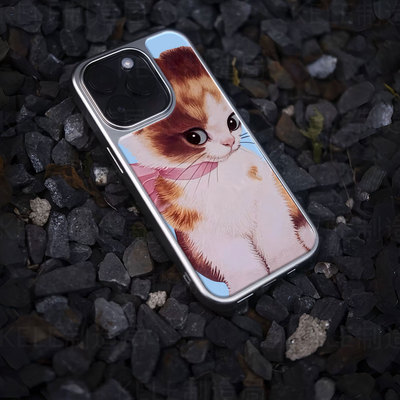 粉领萌猫电镀玻璃黑框磨砂手机壳适用苹果iphone17promax华为VIVOIQOO12PROVIVOX200PROMINI华为P60PRO华为MA