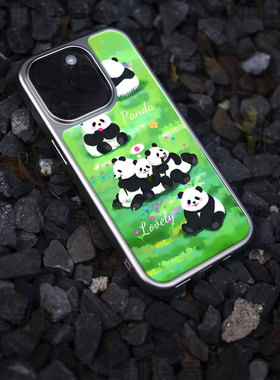 熊猫可爱电镀玻璃黑框磨砂手机壳适用苹果iphone17promax华为VIVOX200PROMINI华为PURA80PROPLUS华为PURA70PR