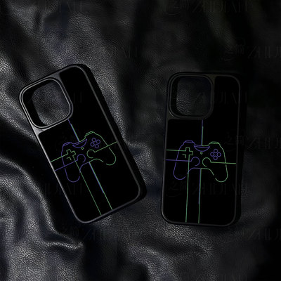霓虹游戏手柄大孔黑框玻璃磨砂磁吸碳纤纹手机壳适用苹果iphone17promax华为MATE50PRO小米14PROMATE70PRO小