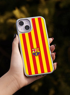 巴萨条纹队徽手机壳大孔电镀黑框碳纤维二合一玻璃适用苹果17promax华为PURA70ULTRA小米17PROMAX小米14PROMA