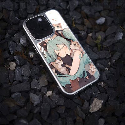 猫拥初音电镀玻璃黑框磨砂手机壳适用苹果iphone17promax华为VIVOIQOO12PRO华为MATE70PROPLUSOPPORENO13小米