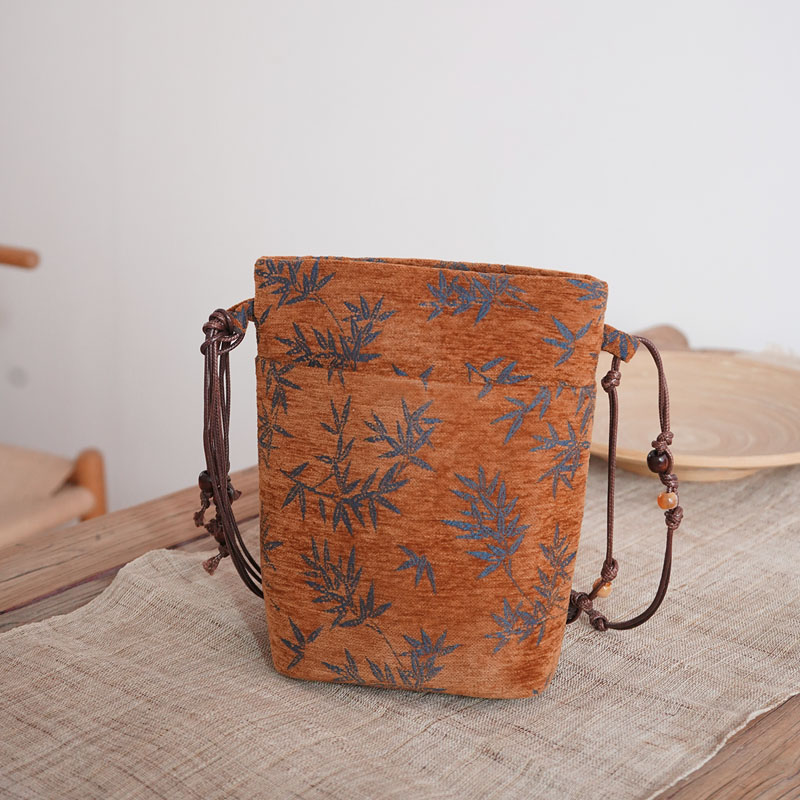 新中式文艺呢绒提花竹子双层单肩斜跨手拎包布袋小百搭礼品秋冬