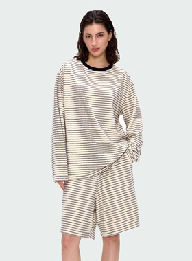 BlingCharm*经典休闲慵懒圆领ovresize宽松条纹长tee短裤居家套装