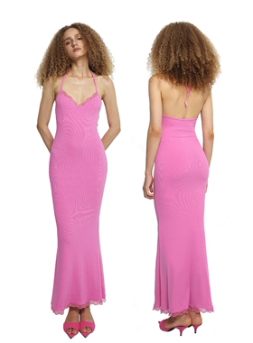 BlingCharm*挂脖露背鱼尾拖地蕾丝修身高弹包身绑带辣妹连衣长裙