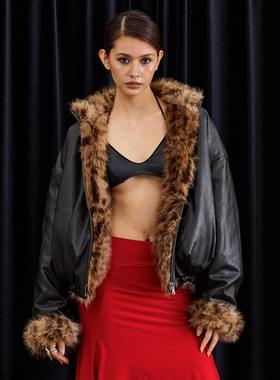 BlingCharm*双面PU仿皮草毛毛宽松阔型拉链夹克豹纹短款保暖外套