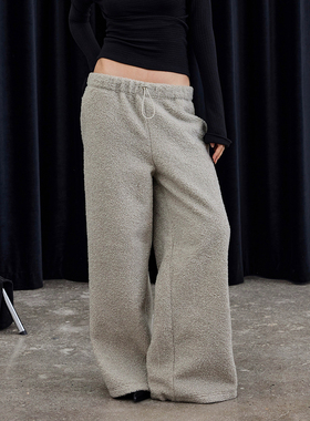 BlingCharm*休闲慵懒松弛运动纯色羊羔毛阔腿百搭低腰直筒长裤