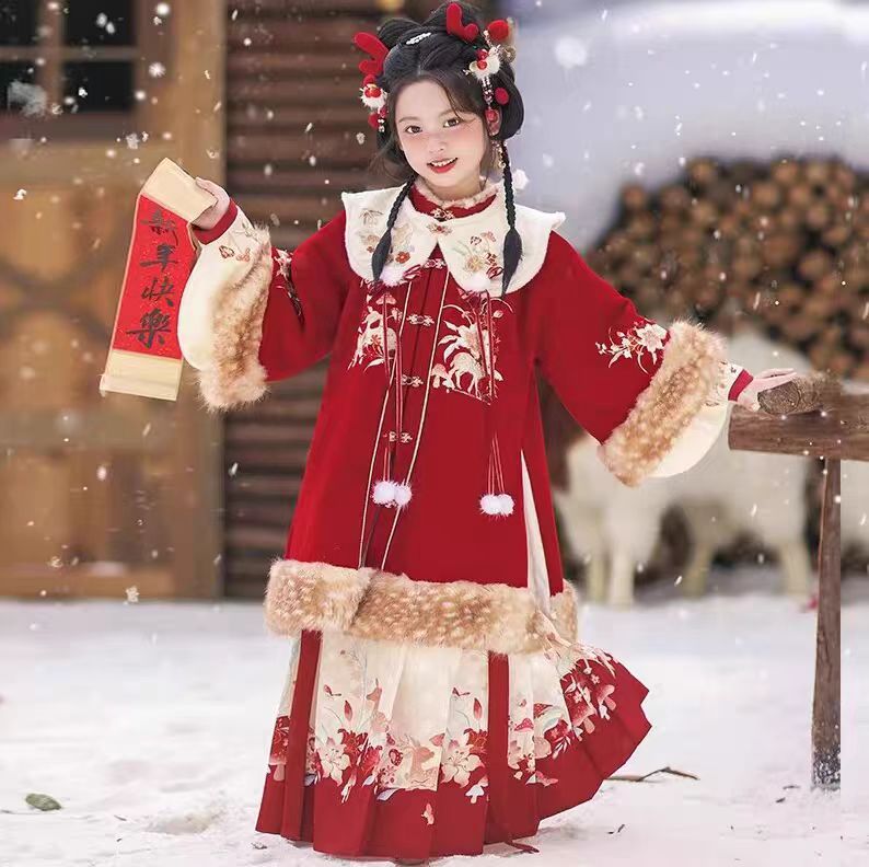 女童汉服冬季加绒加厚新款2025秋冬款中国风唐装喜庆拜年服套装