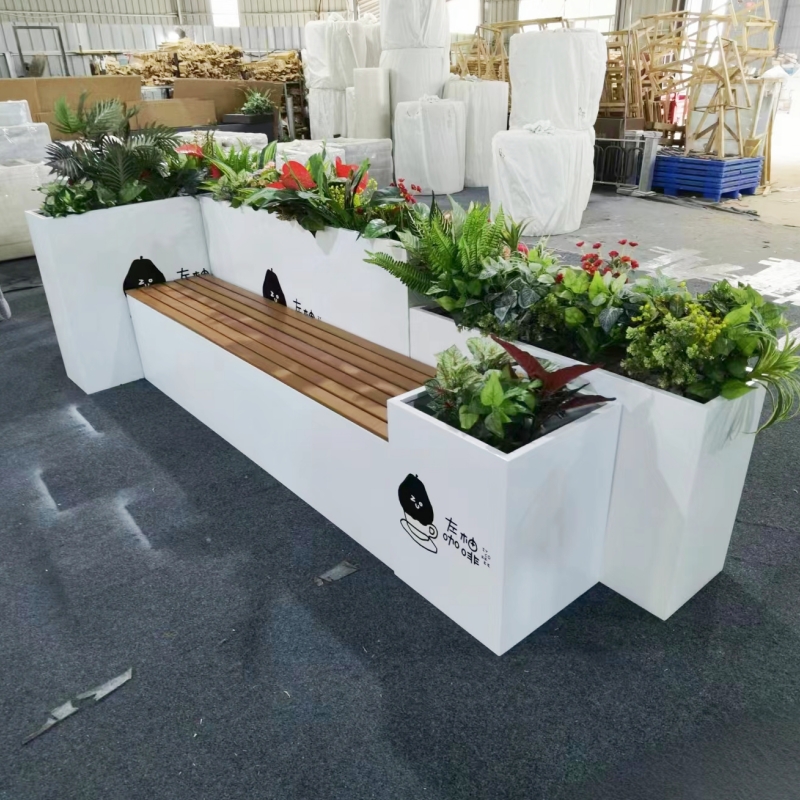 定制户外塑木坐凳铁艺花箱组合商业街不锈钢座椅花槽店铺外摆卡座
